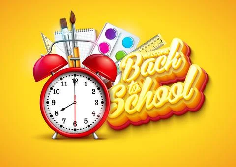 Back to School Design with Alarm Clock, Educational Supplies and Typography Illustrazione stock