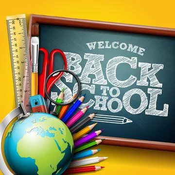 Back to School Design with Chalkboard, Educational Supplies and Typography Illustrazione stock