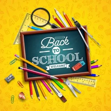 Back to School Design with Chalkboard, Educational Supplies and Typography Stock Illustration
