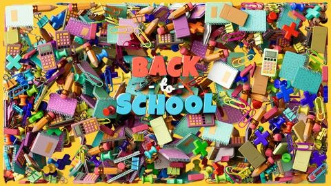 Back to School design with colorful text and floating school supplies in 3D.. Stock Illustration