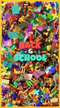 Back to School design with colorful text and floating school supplies for s.. Stock Illustration