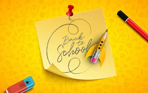 Back to School Design with Flying Rocket Pencil and Typography Lettering on Note Stock Illustration