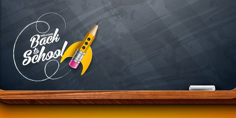 Back to School Design with Flying Rocket Pencil and Typography Lettering on Stock Illustration