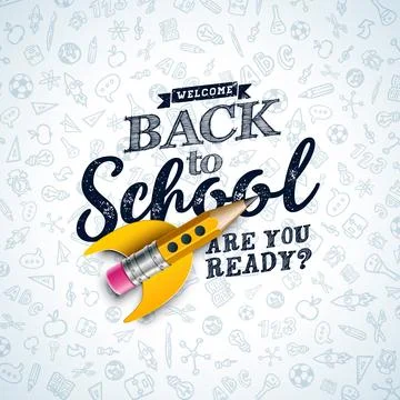 Back to School Design with Flying Rocket Pencil and Typography Lettering on Stock Illustration