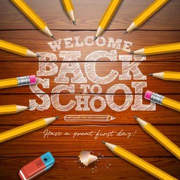 Back to school design with graphite pencil and typography lettering on vintage Stock Illustration