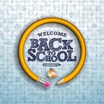 Back to School Design with Graphite Pencil and Typography Lettering on Checkered Stock Illustration
