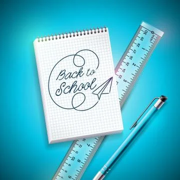 Back to school design with pen, ruler and notebook on blue background. Vector Stock Illustration