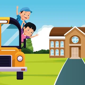 Back to school design with school bus with happy kids going out for the windows Ilustración de archivo