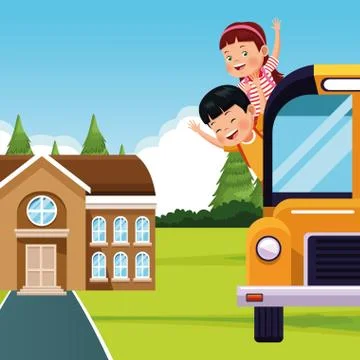 Back to school design with school bus with happy kids going out for the windows Ilustración de archivo