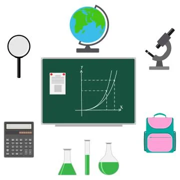 Back to school design. Set of School supplies schoolbag, calculator, globe, m Illustrazione stock