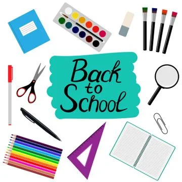 Back to school design. Set of School supplies with Back to school hand drawn  Stock Illustration