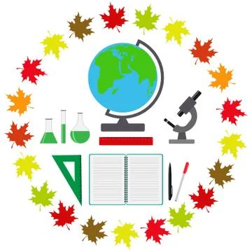 Back to school design. Set of School supplies in the ring of maple leaves . G Stock Illustration