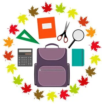 Back to school design. Set of School supplies in the ring of maple leaves . S Stock Illustration