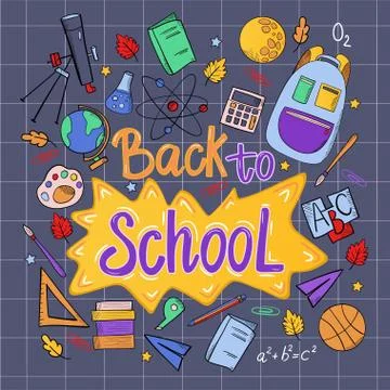 Back to school design template with different study stationery. Stock Illustration