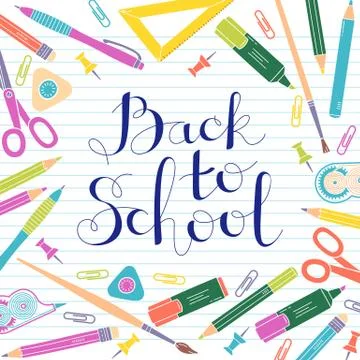 Back to school design template. Frame of stationery goods Stock Illustration