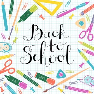 Back to school design template. Frame of stationery goods Stock Illustration