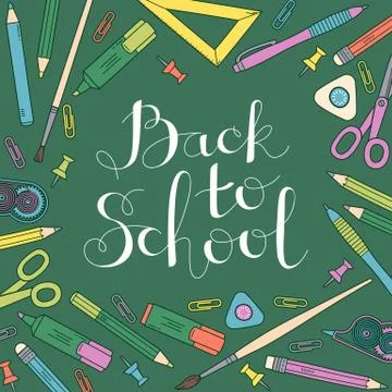 Back to school design template. Frame of stationery goods Stock Illustration