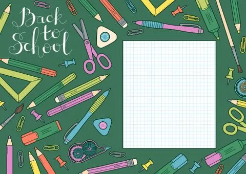 Back to school design template. Frame of stationery goods Stock Illustration