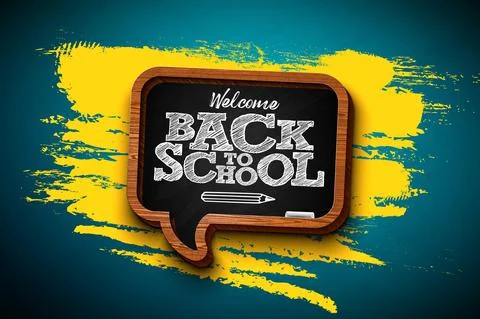 Back to School Design with Typography Letter and Chalkboard on Yellow Background Stock Illustration