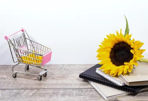 Back to school desk background with stack of sketchbooks or notebooks Stock Photos