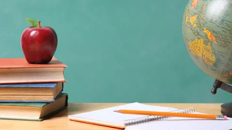 Back to School - desk, pencils and board Stock Footage