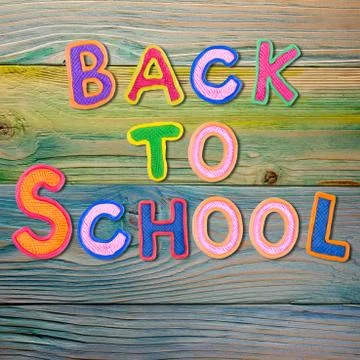 Back to School desk table top view, words on grunge old wooden board background 스톡 사진