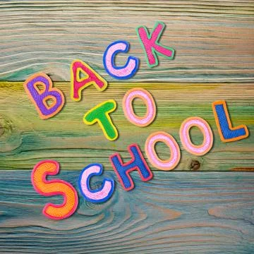 Back to School desk table top view, words on grunge old wooden board background Stock Photos