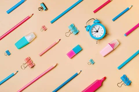 Back to school diagonal pattern, neutral beige bg Creative student desk mo... Stock Photos