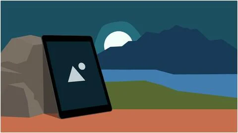Back to School Digital tablet resting on a rock by moonlight with computer,.. Stock Illustration