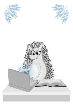 Back to school. Distance learning. Hedgehogs at the computer. Working on remote Stock Illustration