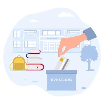 Back to school donation concept with hand placing card in donation box outs.. Ilustración de archivo