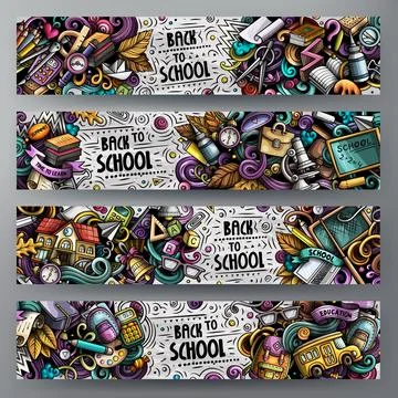Back to School Doodle Banner Collection with School Supplies Stock Illustration