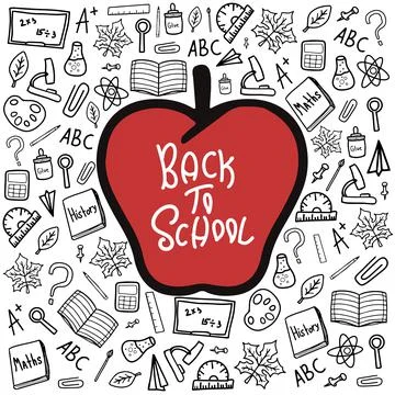 Back to school doodle black vector elements with red apple clipart Stock Illustration