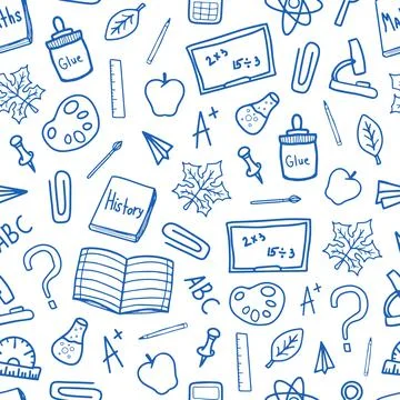 Back to school doodle blue line drawn vector seamless pattern Illustrazione stock