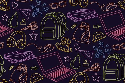 Back to School doodle colored seamless pattern vector Stock Illustration