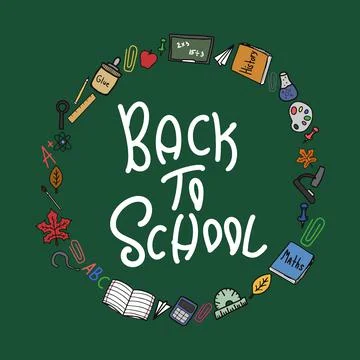 Back to school doodle colorful vector round clipart with lettering Illustrazione stock