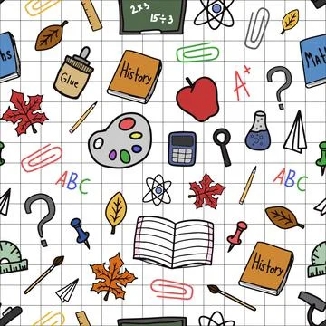 Back to school doodle colorful vector seamless pattern with cell イラスト素材