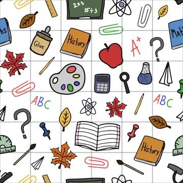 Back to school doodle colorful vector seamless pattern with cell Stock Illustration