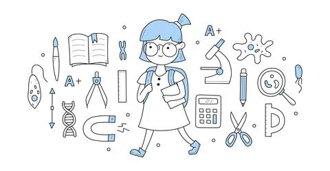 Back to school doodle concept with student girl Stock Illustration