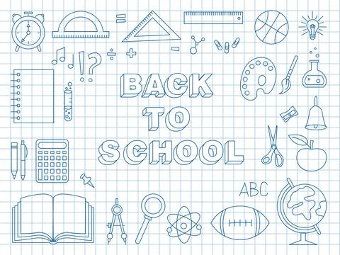 Back to school. Doodle drawing with a pen on a notebook sheet. Stock Illustration