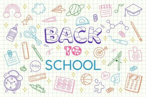 Back to school. Doodle drawings on notebook paper. Book pattern. Students s.. Stock Illustration