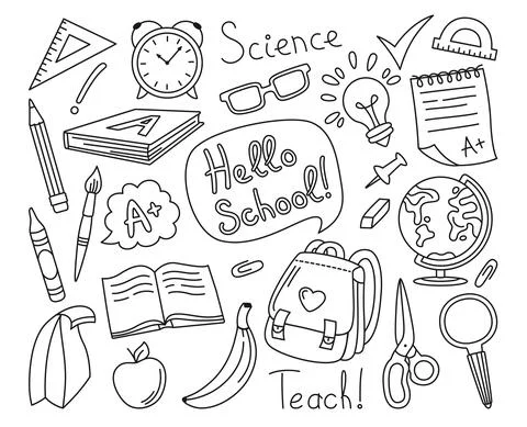 Back to School doodle drawn line set learning school supplies education concept Stock Illustration