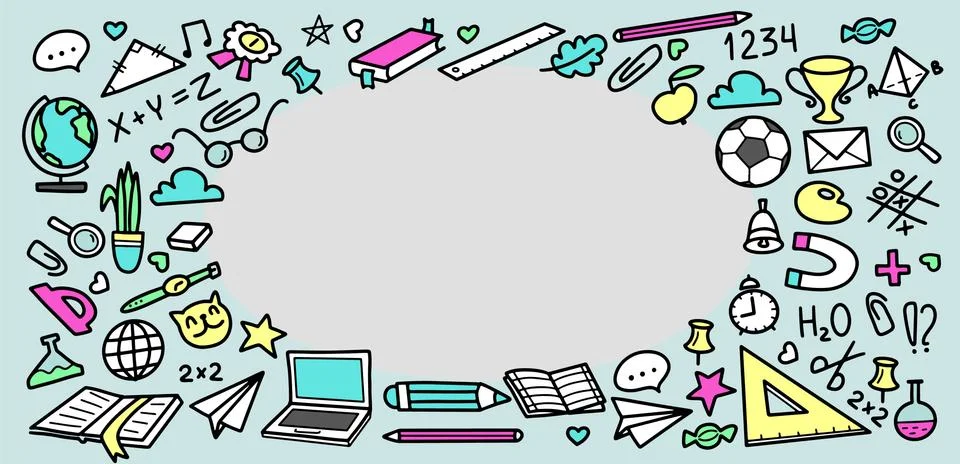 Back to School doodle elements with frame and copy space for text Stock Illustration