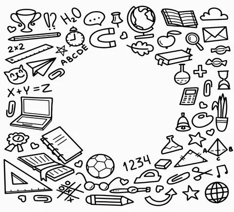 Back to School doodle elements with Round frame and space for text Stock Illustration