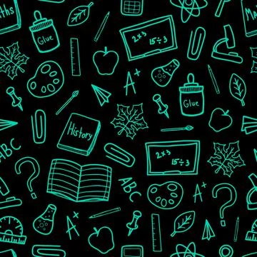 Back to school doodle green line drawn vector seamless pattern on black Stock Illustration
