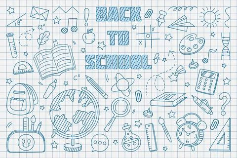 Back to school. Doodle hand drawn icons on notebook paper. Kids education. .. Stock Illustration