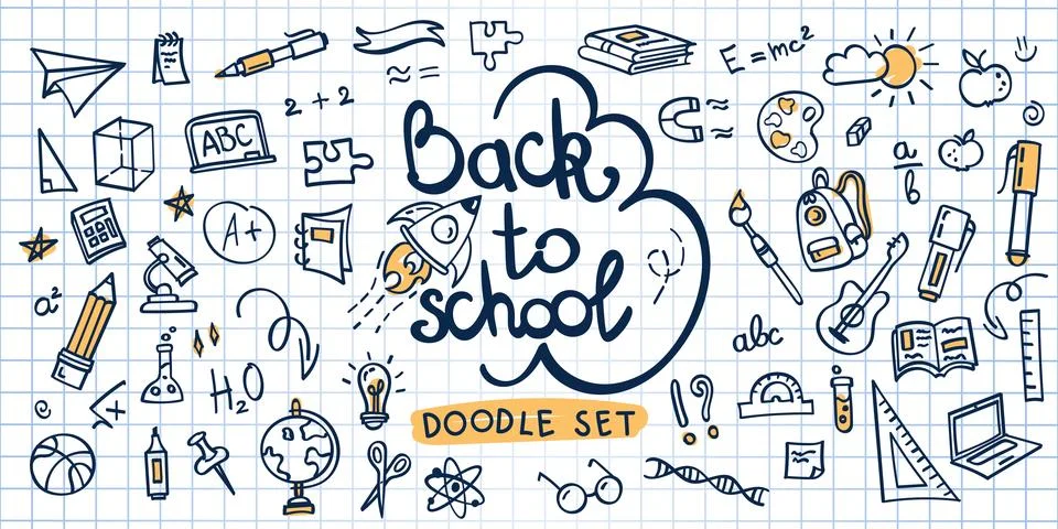 Back to school doodle hand drawn elements, vector set Illustrazione stock