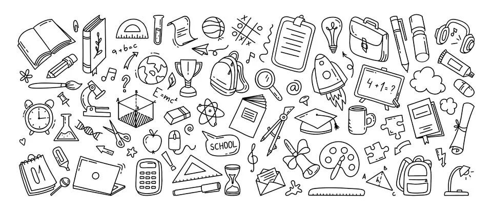 Back to school doodle a large set of elements. Vector illustration in line Stock Illustration