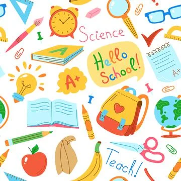 Back to School doodle line seamless pattern learning school objects scrapbook Stock Illustration