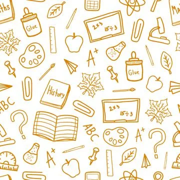 Back to school doodle orange line drawn vector seamless pattern Stock Illustration